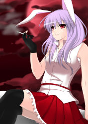 1girl alternate_costume animal_ears belt rabbit_ears cigarette cloud artistic_error female_focus fingerless_gloves gloves crossed_legs meneru moon nylons purple_hair red_eyes reisen_udongein_inaba sitting skirt smoking solo thighhighs touhou