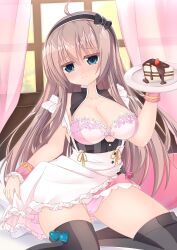 Rule 34 | 1girl, absurdres, ahoge, alternate costume, apron, black bow, black hairband, black thighhighs, blue eyes, blush, bow, bra, breasts, brown hair, cake, cake slice, cleavage, closed mouth, colored eyelashes, commentary request, curtains, curvy, day, embarrassed, enmaided, eyes visible through hair, feet out of frame, food, frilled apron, frilled bow, frilled skirt, frilled wrist cuffs, frills, fruit, furrowed brow, gluteal fold, hair between eyes, hair bow, hairband, hand up, highres, holding, holding tray, indoors, lace, lace-trimmed bra, lace trim, large breasts, long hair, looking at viewer, maid, maid apron, miniskirt, misu t (ccc), nose blush, paid reward available, panties, pink bra, pink panties, pink skirt, pink wrist cuffs, sanoba witch, shiiba tsumugi, sitting, skirt, solo, straight hair, strawberry, striped clothes, striped thighhighs, thighhighs, thighs, tray, underwear, vertical-striped clothes, vertical-striped thighhighs, very long hair, waitress, wavy mouth, white apron, window, wrist cuffs, yokozuwari