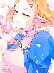 1girl blonde_hair blue_shirt braid closed_mouth crown_braid eggplant24h half-closed_eyes hand_up highres juliet_sleeves long_sleeves medium_hair nintendo pointy_ears princess_zelda puffy_sleeves shirt sidelocks smile solo the_legend_of_zelda the_legend_of_zelda:_tears_of_the_kingdom watermark