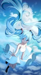 1girl above_clouds absurdres alternate_costume arm_at_side armpit_peek black_socks blue_eyes blue_hair blue_sky breasts cleavage closed_mouth cloud cloudy_sky commentary commentary_request day double-parted_bangs dress english_commentary floating_clothes hair_between_eyes hair_floating_upwards hatsune_miku highres large_breasts long_bangs long_hair mixed-language_commentary no_shoes outstretched_arm reaching reaching_towards_viewer sky sleeveless sleeveless_dress smile socks solo soo5 split_mouth star_(sky) sunlight twintails very_long_hair vocaloid white_dress wind