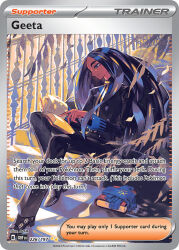 1girl artist_name black_hair black_pants black_shoes black_suit blue_eyes book card_(medium) character_name closed_mouth company_name copyright_name copyright_notice dark-skinned_female dark_skin domu_(hamadura) english_text eyelashes formal_clothes geeta_(pokemon) gold_ribbon holding holding_book leaf long_hair long_sleeves neck_ribbon nintendo official_art open_book pants plant pokemon pokemon_card pokemon_sv pokemon_tcg railing ribbon shoes sitting sitting_on_stairs solo stairs suit third-party_source trading_card