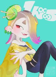 1girl atataka_soranko blonde_hair blue_background capelet earrings eyeliner food fruit hair_ornament hair_stick jewelry lime_(fruit) lime_slice looking_to_the_side makeup multicolored_hair nintendo open_mouth pants pink_hair red_eyes shiver_(splatoon) shiver_(summer_nights)_(splatoon) sitting smile solo splatoon_(series) splatoon_3 tentacles torn_clothes torn_pants two-tone_hair