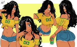 1girl absurdres alternate_skin_color artist_logo ass bags_under_eyes bead_necklace beads bikini bikini_under_clothes black_bikini black_eyes black_hair border bracelet brazilian_flag brazilian_flag_print brazilian_miku brazilian_miku_(cosplay) brazilian_sadako breasts can commentary cosplay cowboy_shot crop_top cropped_legs denim denim_shorts earrings english_commentary eyewear_on_head flag_print ghost ghost_girl gold_bracelet gold_earrings green_trim guarana_antarctica hair_over_one_eye hatsune_miku highres holding holding_can jewelry logo long_hair lowleg lowleg_shorts lughost messy_hair midriff multiple_bracelets multiple_views navel navel_piercing necklace piercing print_shirt ringed_eyes shirt short_shorts shorts signature sunglasses swimsuit tan tanline tanline_peek the_ring tied_shirt tongue tongue_out vocaloid white-framed_eyewear white_border yamamura_sadako yellow_background yellow_shirt