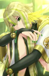 1girl absurdres bell blonde_hair bridal_gauntlets dearg duel_monster green_eyes green_nails hair_between_eyes head_wings highres hu-li_the_jewel_mikanko japanese_clothes long_hair long_sleeves looking_at_viewer official_alternate_costume official_alternate_hairstyle solo wide_sleeves wings yu-gi-oh!