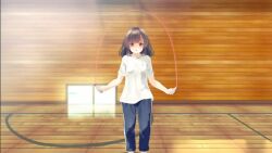 1girl 3d accidental_exposure animated audible_music black_hair blue_panties blue_pants blush bouncing_breasts breasts brown_eyes brown_hair brown_pubic_hair closed_eyes closed_mouth clothes_pull covering_crotch covering_privates embarrassed exercising facing_viewer female_focus female_pubic_hair full_body groin gym gym_uniform holding holding_jump_rope indoors jump_rope jumping loli long_hair medium_breasts motion_blur original paid_reward_available panties panties_around_leg pants pants_falling pants_pull panty_pull pubic_hair pulling_own_clothes pussy shirt shirt_tug shoes short_sleeves small_breasts smile solo sound standing tachiinu tagme taut_clothes taut_shirt thighs track_pants underwear video wardrobe_malfunction white_shirt wooden_floor wooden_wall