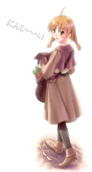 1girl 2000s_(style) ahoge akiba_yuji bad_id blush brown_eyes brown_gloves brown_hair brown_jacket brown_shoes brown_skirt carrot full_body gloves jacket long_sleeves looking_at_viewer looking_back low_twintails merchant_(ragnarok_online) open_mouth ragnarok_online shoes short_hair simple_background skirt smile solo twintails walking white_background
