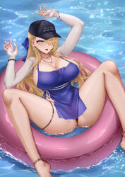 1girl absurdres afloat anklet arms_up ass baseball_cap bikini black_bikini black_hat blonde_hair blue_dress blue_eyes bracelet breasts brown_dust_(series) brown_dust_2 cleavage commentary covered_navel dress earrings hair_over_one_eye hair_ribbon hat highres huge_breasts jewelry legs long_hair looking_at_viewer necklace open_mouth pelvic_curtain ribbon shrug_(clothing) solo spread_legs swim_ring swimsuit thigh_strap thighs water white_shrug wilhelmina_(brown_dust) wo_de_jin_sun