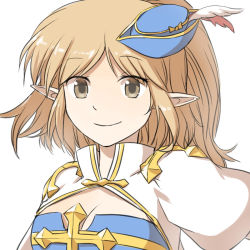 1girl arch_bishop_(ragnarok_online) bicorne blonde_hair blue_dress blue_hat breasts brown_eyes cleavage cleavage_cutout closed_mouth clothing_cutout commentary_request cross dress feathers hat hat_feather high_ponytail juliet_sleeves long_sleeves looking_at_viewer medium_breasts medium_hair natsuya_(kuttuki) pointy_ears ponytail puffy_sleeves ragnarok_online simple_background smile solo two-tone_dress upper_body white_background white_dress
