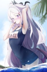 1girl absurdres ahoge arm_up armpits bare_arms bare_shoulders black_horns blue_archive blue_one-piece_swimsuit blush breasts character_name closed_mouth commentary_request cowboy_shot day demon_girl demon_horns demon_wings embarrassed eyelashes forehead hair_ornament hair_tie hair_tie_in_mouth hairclip hand_up highres hina_(blue_archive) hina_(swimsuit)_(blue_archive) holding holding_own_hair horns long_hair looking_at_viewer low_wings mouth_hold nose_blush ocean official_alternate_costume old_school_swimsuit one-piece_swimsuit outdoors palm_leaf parallel_hairclips parted_bangs presenting_armpit purple_eyes school_swimsuit small_breasts solo swimsuit user_exau5384 v-shaped_eyebrows very_long_hair wading water wet white_hair wings