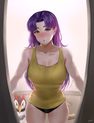 Rule 34 | 1girl, :/, artist name, ass, bare arms, bare shoulders, beer can, bird, black panties, blush, breasts, brown eyes, can, collarbone, commentary request, covered navel, curtained hair, doorway, drink can, earrings, easonx, highres, jewelry, katsuragi misato, large breasts, legs, long hair, looking at viewer, neon genesis evangelion, opening door, panties, parted bangs, penguin, penpen, pov doorway, purple hair, solo focus, standing, stud earrings, tank top, thighs, underwear, yellow tank top