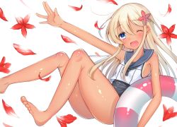 10s 1girl bad_anatomy bad_feet bad_id bad_pixiv_id blonde_hair blue_eyes blush crop_top eyebrows female_focus flower hair_flower hair_ornament kantai_collection lifebuoy long_hair nan_(jyomyon) neckerchief one_eye_closed open_mouth outstretched_arm petals poorly_drawn ro-500_(kancolle) school_swimsuit school_uniform serafuku sitting smile solo swim_ring swimsuit swimsuit_under_clothes tan tanline