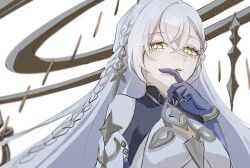 Rule 34 | 1girl, :o, blue hands, braid, bright pupils, colored extremities, dress, genshin impact, gradient skin, hair between eyes, halo, highres, istaroth (genshin impact), long hair, long sleeves, naruse azusa, open mouth, simple background, single braid, solo, upper body, white background, white hair, white pupils, yellow eyes