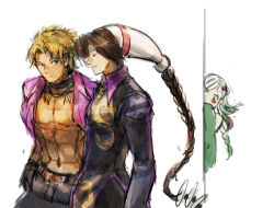 1girl 2boys abs bad_id bad_pixiv_id blonde_hair braid brother_and_sister chinese_clothes choker corner dark_skin duo_lon green_hair jewelry kof:_maximum_impact long_hair maximum_impact_ii multiple_boys muscular muse_(rainforest) necklace open_clothes open_shirt peeking_out shen_woo shirt siblings single_braid snk the_king_of_fighters twin_braids xiao_lon