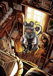 1girl animal_ears baseball_bat basket bishamonten&#039;s_pagoda black_shoes blue_gemstone book bottle box clock colored_eyelashes commission dowsing_rod gem grandfather_clock grey_hair grey_skirt grey_vest hat highres holding holding_with_tail jewelry long_sleeves mary_janes mouse_(animal) mouse_ears mouse_tail nazrin necklace open_door open_mouth pendant picture_frame prehensile_tail red_eyes sake_bottle shoes sign skeb_commission skirt solo storage_room straw_hat tail tanuki touhou umaieokakitai vest white_sleeves wooden_floor