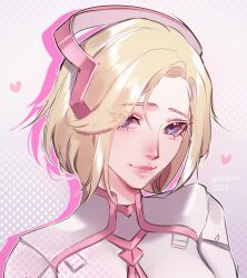 1girl 2023 animification artist_name blonde_hair blue_eyes commentary english_commentary golub.lol heart jacket looking_at_viewer mercy_(overwatch) overwatch overwatch_1 pink_lips pink_mercy portrait short_hair smile solo white_jacket