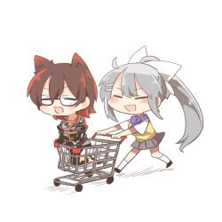 2girls :d animal_ear_fluff animal_ears black-framed_eyewear black_pants black_shoes blush_stickers bow brown_hair camouflage camouflage_jacket chibi closed_eyes crossover glasses grey_hair grey_jacket grey_skirt hair_bow higuchi_kaede higuchi_kaede_(1st_costume) hololive in_shopping_cart jacket kneeling multiple_girls nijisanji open_mouth pants pleated_skirt ponytail rebecca_(keinelove) roboco-san roboco-san_(1st_costume) running semi-rimless_eyewear shadow shoes shopping_cart simple_background skirt smile socks under-rim_eyewear v-shaped_eyebrows virtual_youtuber white_background white_bow white_socks