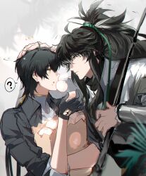 2boys ? absurdres ahoge black_gloves black_hair black_jacket chinese_clothes coat eye_contact food from_side glove_cutout gloves grey_shirt hair_ornament hair_stick hand_on_another&#039;s_head headpat high_ponytail highres holding holding_food jacket long_hair looking_at_another male_focus multiple_boys open_clothes open_jacket ponytail profile qiuyuan_(wuthering_waves) rover_(wuthering_waves) shirt simple_background sleeves_rolled_up spoken_question_mark tacet_mark_(wuthering_waves) upper_body watashi_wa_chibi white_background white_coat wuthering_waves yaoi yellow_eyes