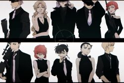 4girls 6+boys absurdres aiming aiming_at_viewer akai_shuuichi amuro_tooru black_hat black_nails black_shirt black_suit black_vest blonde_hair blunt_bangs breasts chianti_(meitantei_conan) choker cigarette cleavage commentary_request crossed_arms dress earrings formal_clothes gin_(meitantei_conan) gun haibara_ai hat hayashi_fumiya highres holding holding_gun holding_removed_eyewear holding_weapon jewelry korn_(meitantei_conan) kudou_shin&#039;ichi looking_at_viewer looking_to_the_side meitantei_conan mizunashi_rena multiple_boys multiple_girls necktie no_mouth ponytail red_hair shirt short_hair sleeveless smile suit sunglasses target turtleneck turtleneck_dress unworn_eyewear vermouth_(meitantei_conan) vest vodka_(meitantei_conan) wavy_hair weapon white_background white_necktie