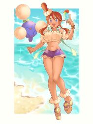 1girl :d bare_shoulders beach blue_eyes blue_shorts breasts crop_top cup drinking_glass drinking_straw full_body gen_2_pokemon hair_between_eyes highres holding holding_cup jumpluff large_breasts looking_at_viewer navel nintendo official_alternate_costume open_mouth pokemon pokemon_(creature) pokemon_masters_ex red_hair sanno_(snn_3) short_hair_with_long_locks short_shorts shorts sidelocks skyla_(pokemon) skyla_(summer_2025)_(pokemon) smile teeth upper_teeth_only