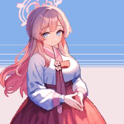 1girl blue_archive blue_background blue_eyes breasts closed_mouth commentary cowboy_shot floating_hair hair_between_eyes halo hanbok highres korean_clothes large_breasts light_smile long_hair long_sleeves looking_at_viewer mimori_(blue_archive) own_hands_together pink_hair pink_halo pink_skirt pixel_art puffy_long_sleeves puffy_sleeves sidelighting sidelocks simple_background skirt solo split_mouth steepled_fingers tinia_etru two-tone_background white_background
