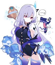 Rule 34 | ..., 1girl, bare shoulders, breasts, commentary request, elbow gloves, genshin impact, gentilhomme usher, gloves, gradient gloves, gradient thighhighs, hair between eyes, hair over shoulder, hand on own chest, highres, itzpapa (genshin impact), long hair, mademoiselle crabaletta, pekeko (pepekekeko), skirk (genshin impact), speech bubble, surintendante chevalmarin, thighhighs, torn clothes, torn thighhighs, white background, white hair