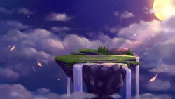 cloud commentary english_commentary falling_leaves floating_island full_moon kloir leaf league_of_legends moon night no_humans painterly rock scenery sky star_(sky) starry_sky tree water waterfall
