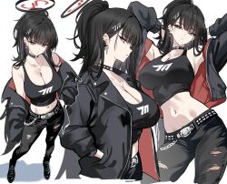 1girl alternate_costume alternate_hairstyle arms_behind_head arms_up bare_shoulders black_hair black_jacket black_tank_top blue_archive breasts chain cleavage closed_mouth commentary ear_piercing foreshortening from_above from_side full_body hand_in_pocket hand_on_own_hip highres jacket large_breasts long_hair long_sleeves looking_at_viewer midriff multiple_views navel off_shoulder open_clothes open_jacket pants piercing ponytail puffy_long_sleeves puffy_sleeves red_eyes rio_(blue_archive) shigure_s simple_background standing stomach symbol-only_commentary tank_top torn_clothes torn_pants very_long_hair white_background