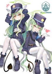 2girls blue_archive blue_hat blue_jacket demon_girl demon_tail green_hair green_halo halo hands_up hat highres hikari_(blue_archive) jacket long_hair mitsu336 multiple_girls nozomi_(blue_archive) open_mouth pantyhose pointy_ears sitting smile tail twintails white_pantyhose