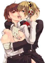 2girls aigis_(persona) arabiki_koshou atlus blonde_hair blue_eyes breasts brown_eyes brown_hair couple gloves grabbing_another&#039;s_breast groping highres kiss large_breasts lips multiple_girls nipples open_clothes open_shirt persona persona_3 persona_3_portable saliva shiomi_kotone shirt tongue yuri