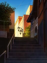 blue_sky brick_wall building commentary_request lamppost mizuasagi no_humans original outdoors power_lines railing scenery sky stairs