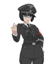 1girl alternate_costume armband beckoning belt black_belt black_cat03 black_hat black_jacket black_necktie black_pants blue-tinted_eyewear blunt_bangs bob_cut breast_pocket breasts closed_mouth collar_tabs collared_shirt commentary commission cowboy_shot eyelashes glasses grey_eyes guilty_gear hand_on_own_hip hat hat_ornament highres i-no jacket lapels lipstick looking_at_viewer makeup medium_breasts military_dress_uniform military_hat military_jacket military_uniform nazi necktie notched_lapels pants peaked_cap pixiv_commission pocket red_armband red_lips reichsadler rimless_eyewear round_eyewear sam_browne_belt shirt shoulder_boards simple_background skull_and_crossbones skull_hat_ornament smile solo tinted_eyewear totenkopf waffen-ss white_background white_shirt world_war_ii