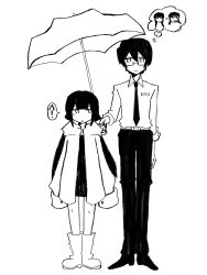 1boy 1girl ? a_(user_vspc7738) belt blunt_bangs boots closed_mouth collared_shirt commentary confused dress_pants dress_shirt dress_shoes english_commentary equation full_body glasses greyscale highres hiyama_kiyoteru holding holding_umbrella hood hood_down hooded_jacket inabakumori jacket kaai_yuki long_hair long_sleeves looking_at_another looking_at_viewer low_twintails monochrome necktie open_clothes open_jacket osage_(nukunuku_nigirimeshi) pants rubber_boots shared_umbrella shirt shirt_tucked_in short_hair side-by-side simple_background sleeves_past_fingers sleeves_past_wrists sleeves_rolled_up speech_bubble spoken_question_mark standing thought_bubble three-quarter_sleeves twintails umbrella vocaloid
