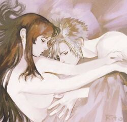 1boy 1girl artist_name bed_sheet black_hair blonde_hair breasts closed_eyes cloud_strife commentary couple cuddling final_fantasy final_fantasy_vii kiss kissing_arm large_breasts long_hair lying nude on_side pillow profile short_hair sidelocks sleeping spiked_hair symbol-only_commentary tifa_lockhart topless_female topless_male tori_(labyrinth_fft) under_covers upper_body