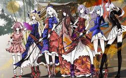 6+girls albino animal_ears architecture arm_at_side arrow_(projectile) bamboo bamboo_forest belt black_hair black_jacket black_socks blazer blonde_hair blouse blue_bow blue_dress blue_hair blue_jacket blunt_bangs boots bow bow_(weapon) breasts brown_eyes closed_mouth collared_shirt colored_skin constellation dress east_asian_architecture fighting_stance floating_hair floppy_ears folding_fan forest frilled_sleeves frills frown full_moon gun hair_between_eyes hair_bow hand_fan hat hat_bow hat_ribbon high_heel_boots high_heels highres holding holding_fan holding_gun holding_weapon houraisan_kaguya imperishable_night inaba_tewi jacket japanese_clothes katana kimono kneehighs legs_apart lineup long_hair long_skirt long_sleeves looking_to_the_side miniskirt mob_cap moon multiple_girls nature nurse_cap pale_skin pigeon-toed pleated_skirt profile puffy_short_sleeves puffy_sleeves purple_footwear purple_hair rabbit_ears rabbit_tail ready_to_draw red_dress red_eyes red_footwear red_ribbon red_skirt reisen reisen_udongein_inaba ribbon ribbon-trimmed_skirt ribbon_trim shirt shoes short_sleeves skirt skirt_set sleeves_past_wrists small_breasts socks sword tail thighhighs touhou traditional_media watatsuki_no_toyohime watatsuki_no_yorihime wavy_hair weapon white_hair white_hat white_legwear white_skin white_skirt wide_sleeves wristband yagokoro_eirin yellow_bow yellow_eyes yutapon