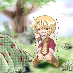 1girl 2000s_(style) :3 badbullet blonde_hair boots brown_boots brown_gloves closed_mouth fabre full_body gloves grey_shirt looking_at_viewer lowres novice_(ragnarok_online) oekaki outdoors pink_shorts ragnarok_online shirt short_hair shorts sleeveless sleeveless_shirt solid_circle_eyes solo standing tree trembling