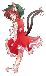 1girl alphes_(style) animal_ears back blush bobby_socks brown_hair cat_ears cat_girl cat_tail chen closed_eyes commentary_request crying dairi defeat earrings full_body gold_trim green_hat hair_between_eyes hat jewelry large_variant_set long_sleeves mob_cap nekomata no_shoes open_mouth parody red_skirt red_vest shirt short_hair single_earring skirt skirt_set socks solo style_parody tachi-e tail tail_raised tears torn_clothes touhou transparent_background variant_set vest white_petticoat white_shirt white_socks