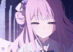 1girl blue_archive blue_bow blush bow close-up closed_mouth dress feathered_wings flower game_cg hair_bun hair_flower hair_ornament hair_scrunchie highres long_hair looking_down mika_(blue_archive) non-web_source official_art pink_hair purple_flower scrunchie single_side_bun smile solo upper_body white_dress white_scrunchie wings