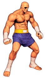 1boy absurdres bald capcom capcom_vs_snk_2 clenched_hands eyepatch foot_wraps game_cg hand_wraps highres legs_apart male_focus mori_toshiaki muscular muscular_male non-web_source official_art sagat scar scar_on_chest shorts smile solo street_fighter teeth veins veiny_arms white_background wrist_wrap