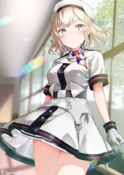 1girl belt beret black_belt blonde_hair blue_hair breasts colored_inner_hair dress gloire_(kancolle) gloves hat highres indoors izumikuma kantai_collection looking_at_viewer medium_breasts mole mole_on_neck multicolored_hair neckerchief short_hair short_sleeves solo striped_neckerchief white_dress white_gloves white_hat