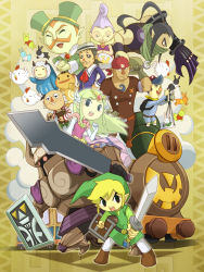 2girls 6+boys alfonzo anjean armor bird black_hair blonde_hair byrne camera chancellor_cole chicken dark_nut ferrus goron hat linebeck link locomotive mailman multiple_boys multiple_girls niko niko_(zelda) nintendo princess_zelda purple_hair rabbit shield smile steam_locomotive susutake_(pixiv) sword the_legend_of_zelda the_legend_of_zelda:_spirit_tracks the_legend_of_zelda:_the_wind_waker toon_link toon_zelda weapon