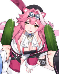 Rule 34 | 3girls, absurdres, animal ears, black shirt, breasts, brooch, center-flap bangs, cleavage, collared vest, commentary, cucumber, dasdokter, double-parted bangs, food, fuwawa abyssgard, fuwawa abyssgard (1st costume), goggles, goggles on head, highres, holding, holding food, holding vegetable, hololive, hololive english, jacket, jewelry, large breasts, long hair, looking at viewer, mococo abyssgard, mococo abyssgard (1st costume), multicolored hair, multiple girls, nail polish, off shoulder, open mouth, panther ears, panther girl, panther tail, pink hair, pink jacket, pink nails, pov, pov hands, raora panthera, raora panthera (1st costume), shirt, shorts, siblings, sidelocks, simple background, sisters, sitting, sleeve cuffs, slit pupils, solo focus, streaked hair, tail, tearing up, thighhighs, twins, vegetable, very long hair, vest, virtual youtuber, wavy mouth, white background, white hair, white shorts, white thighhighs, white vest, yellow eyes