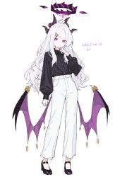 1girl ahoge alternate_costume black_shirt black_shoes blue_archive closed_mouth demon_girl demon_horns demon_wings hair_ornament hairclip hand_on_own_chin high_heels hina_(blue_archive) horns long_hair looking_at_viewer pants parted_bangs purple_eyes rns shirt shoes sidelocks solo white_hair white_pants wings