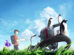 Rule 34 | 1boy, absurdres, aoyama-kun (penguin highway), backpack, bag, bird, black hair, blue sky, chillsteppin k, clip studio paint (medium), day, flower, grass, highres, holding, holding pencil, male focus, notebook, outdoors, pencil, penguin, penguin highway, red shirt, scenery, shirt, short sleeves, sky, standing, writing