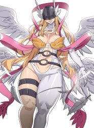 1girl absurdres angel angel_wings angewomon asymmetrical_clothes bare_shoulders belt blonde_hair breasts cameltoe cleavage clothing_cutout covered_eyes digimon digimon_(creature) feathered_wings feathers gamjasssak gloves helmet helmet_over_eyes highres holy_ring large_breasts long_hair multiple_wings navel o-ring o-ring_belt pink_ribbon ribbon smile solo stomach_cutout white_background white_feathers winged_gloves winged_helmet wings wrist_wings