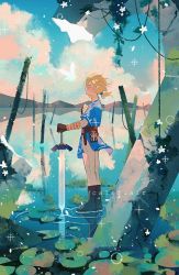 1boy belt black_footwear blonde_hair blue_tunic blush boots brown_belt califlair closed_eyes closed_mouth cloud commentary day from_side holding holding_sword holding_weapon lily_pad link male_focus master_sword navi nintendo outdoors pants ponytail ripples short_hair short_ponytail sky smile standing sword the_legend_of_zelda the_legend_of_zelda:_breath_of_the_wild tunic walking walking_on_liquid water weapon