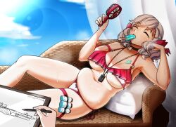 1girl armband bikini blush breasts choker cleavage closed_eyes couch curtains d0gduk draw_me_like_one_of_your_french_girls_(meme) drawing_(action) drawing_(object) electric_fan food food_in_mouth frilled_bikini frills girls&#039;_frontline girls&#039;_frontline_2:_exilium grey_hair hair_ribbon handheld_electric_fan highres lanyard large_breasts lips lying navel neck_bell on_couch on_side pillow plump popsicle popsicle_in_mouth red_bikini red_ribbon ribbon sabrina_(girls&#039;_frontline_2) short_hair side-tie_bikini_bottom sketchbook sky spas-12_(girls&#039;_frontline) sweat swimsuit thigh_strap underboob