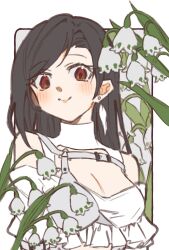 Rule 34 | 1girl, bare shoulders, black hair, blush, border, breasts, cleavage, cleavage cutout, closed mouth, clothing cutout, commentary, crop top, earrings, feather earrings, feathers, final fantasy, final fantasy vii, final fantasy vii ever crisis, flower, frilled shirt, frills, highres, jewelry, konbu7733, long hair, looking at viewer, medium breasts, off-shoulder shirt, off shoulder, official alternate costume, outside border, red eyes, shirt, smile, solo, swept bangs, tifa lockhart, tifa lockhart (feather style), turtleneck, upper body, white border, white flower, white shirt