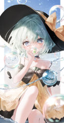 Rule 34 | 1girl, absurdres, adapted costume, aqua eyes, aqua hair, bare legs, bare shoulders, bubble, commentary request, covered mouth, double-parted bangs, dress, eyeball, feet out of frame, hair between eyes, hand up, hat, highres, knees up, komeiji koishi, looking at viewer, off-shoulder dress, off shoulder, short hair, sitting, solo, third eye, touhou, yellow dress, yukia (yukia 777)