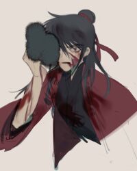 Rule 34 | 1boy, bar censor, black hair, black hanfu, blood, blood on arm, blood on clothes, blood on face, blood on hands, blood splatter, censored, chinese clothes, chinese commentary, coat, cuts, dao gui yi xian, grey background, hair bun, hair ribbon, half updo, hand up, hanfu, highres, injury, li huowang, long hair, long sleeves, looking at viewer, male focus, one eye covered, open clothes, open coat, red coat, red eyes, red ribbon, ribbon, simple background, single hair bun, solo, tushanlili, upper body, wide sleeves