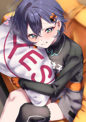 1girl absurdres belle_(zenless_zone_zero) black_shirt black_thighhighs blue_hair commentary_request crossed_bangs earrings fingerless_gloves gloves green_eyes grey_skirt grin hair_ornament heart highres holding holding_pillow jewelry letter_hair_ornament long_sleeves looking_at_viewer looking_to_the_side orange_gloves pillow shirt short_hair single_thighhigh skirt smile solo thighhighs tonomiya68 turtleneck turtleneck_shirt yes-no_pillow zenless_zone_zero